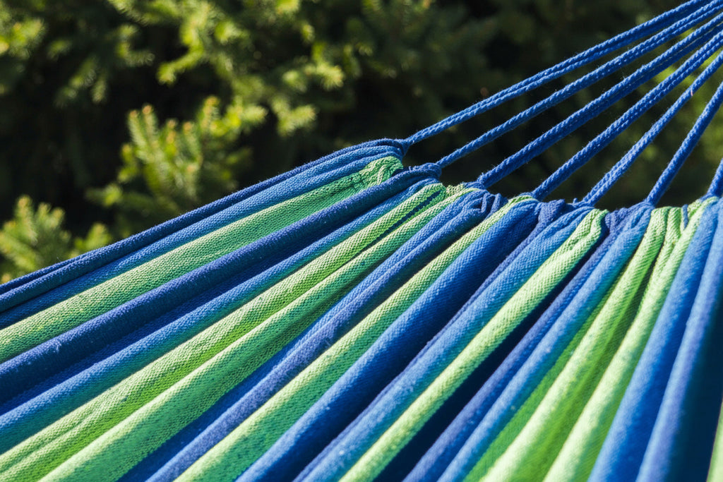 Hamac sur pied 2 places rayé bleu/vert en coton | Kaliba