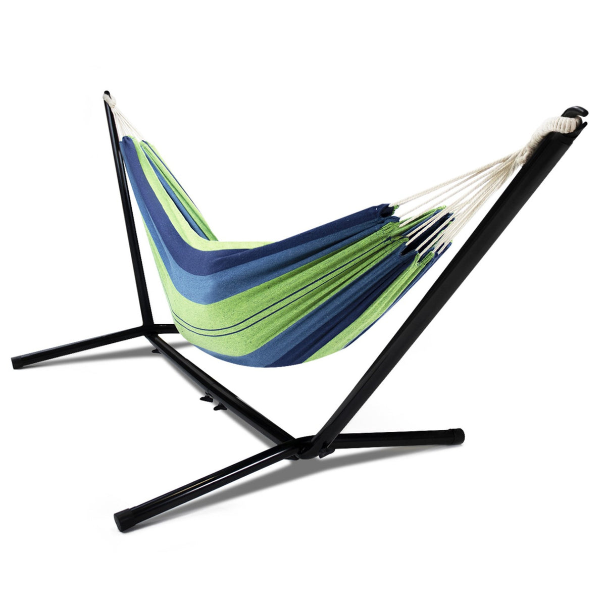 Hamac sur pied 2 places rayé bleu/vert en coton | Kaliba