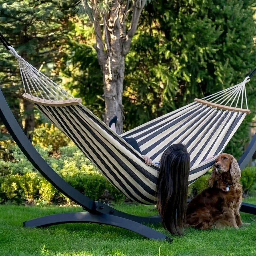 Hamac brésilien rayé XL 2 places avec barre d'écartement en bois | SANTA