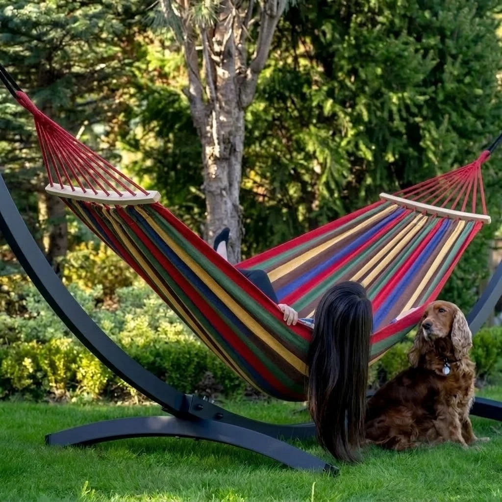 Hamac brésilien rayé XL 2 places avec barre d'écartement en bois | SANTA